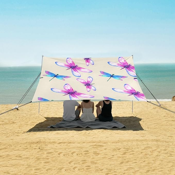 Beach Canopy with Windproof Ropes &amp Sandbags Beach Tent Sun Shade Sun Shelter for Camping Trips Fishing Backyard Fun or Picnics Dragonflies