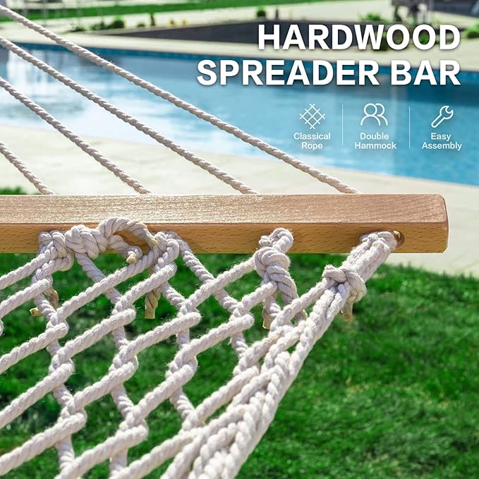 PNAEUT Double Rope Hammock with Stand Included 12ft Heavy Duty Stand 2 Person Traditional Cotton Rope Hammocks with Pillow for Outside Porch Patio Backyard Outdoor Max 475lbs Capacity (Burlywood)