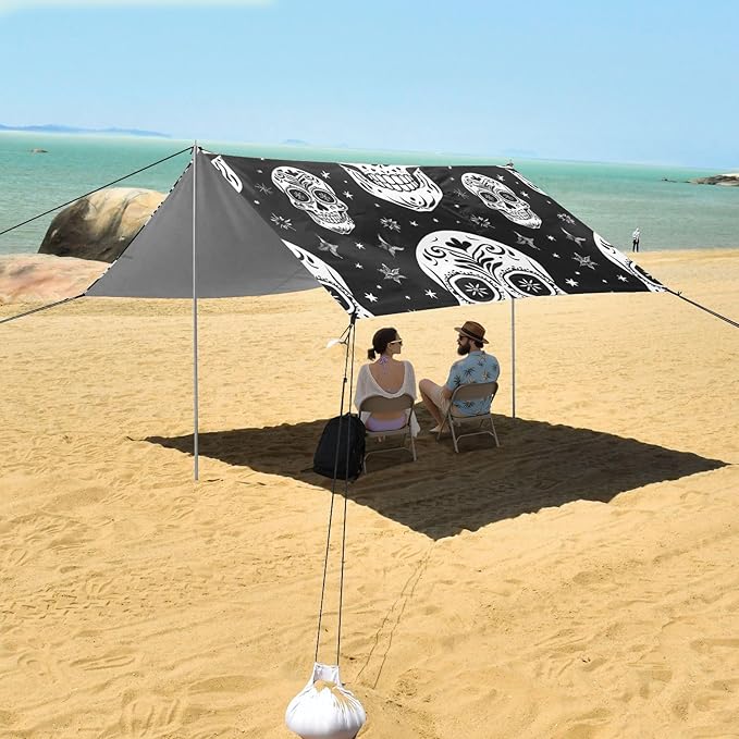 ALAZA Sugar Skull The Day of Dead Black White Beach Tent Sun Shelter Portable Canopy Sunshade for Outdoor Camping Picnics Backyard Fun 10x9 ft