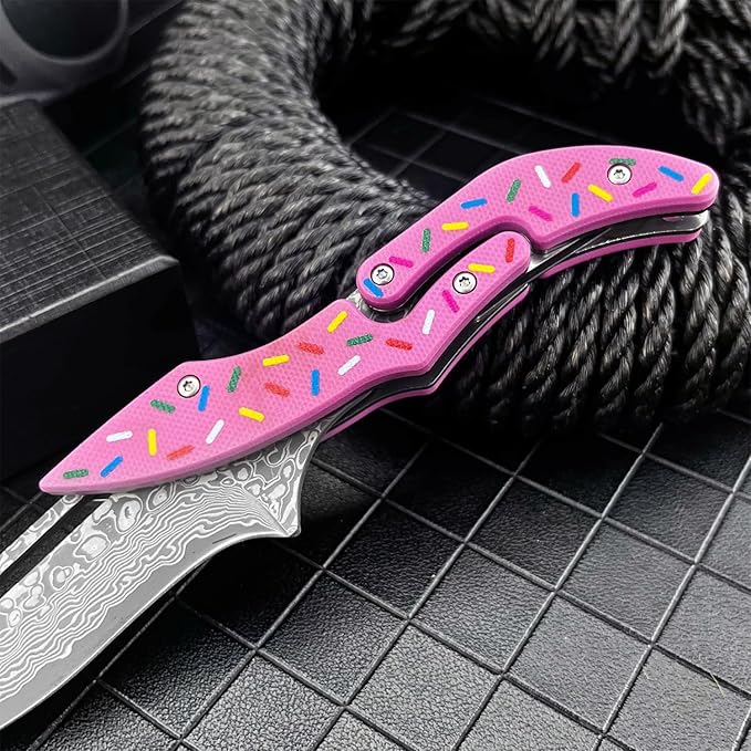 7.3 Damascus Steel Folding Pocket Knife Doughnut Pink Nylon Fiber Handle Mechanical Lock Outdoor EDC Knife for Camping Hiking Fishing Gift