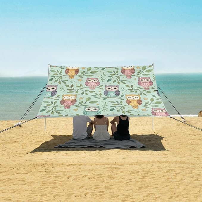 xigua Owl Beach Tent Sun Shelter with Carrying Bag - Silver Coated Oxford Fabric Beach Canopy for Beach Camping Fishing - Includes Windproof Ropes Sandbags &amp Stakes