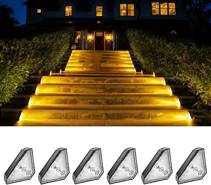 Solar Stair Lights IP65 Solar Step Light for Outdoor Stairs Waterproof for Rain Snow Lights for Patio Garden Porch Deck Front Step (Warm Light - 6PC)