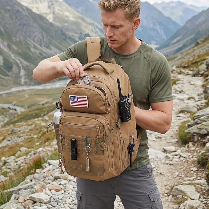 Tactical Hiking Backpack with 180° Open Design Molle Webbing Padded Laptop Compartment Lightweight for Outdoor Adventures (tan)