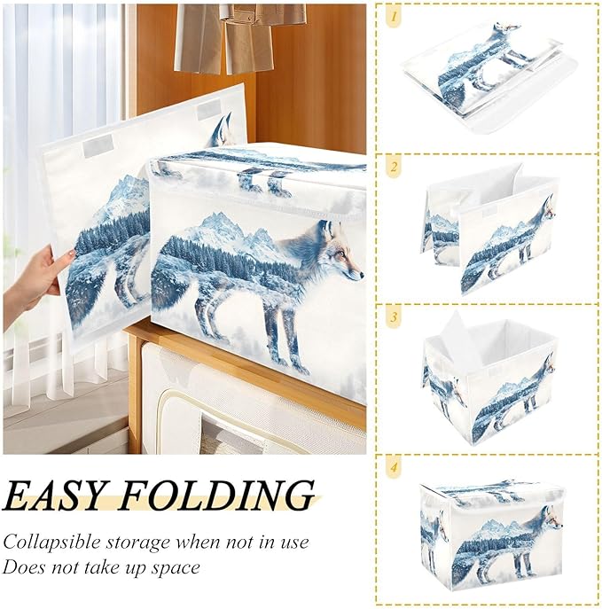 Storage Cube with Lid Fox Mountain Print 16.5×12.6×11.8 IN Collapsible Large Capacity Foldable Storage Basket Bin Organizer