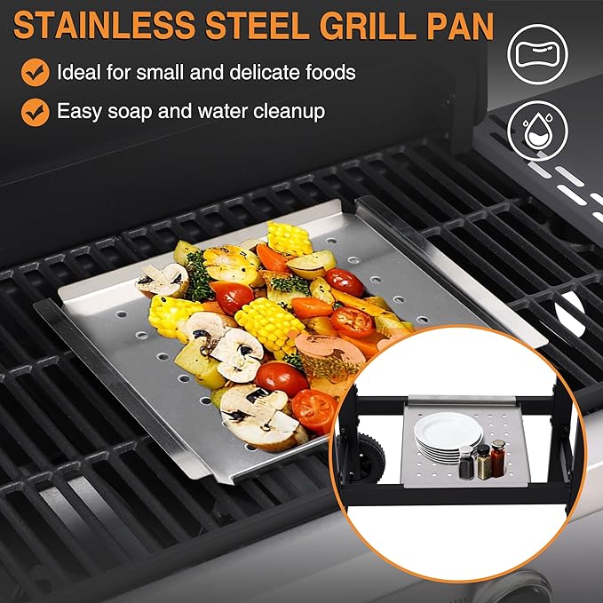 4 Burner Gas Grills Outdoor Cooking Propane Gas Grill BBQ Grill Portable Barbecue Grills with Cast Iron Grate Pan and Folding Side Table 40000 BTU Output Easy-Clean