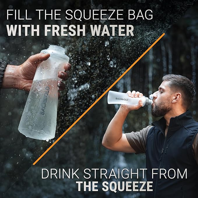 Water Filter Camping – Bachgold Squeeze Foldable Squeeze Bottle | Ultralight Backpacking Filtration for Hiking Survival &amp Emergency | Dual-Stage Filtration Swiss Design
