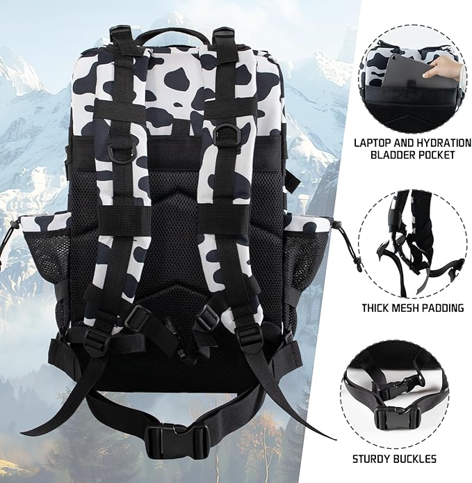 45L Military Tactical Backpack 3 Day Molle Assault Pack Large Army Bug Out Bag Rucksack Daypack for Men Outdoor Hiking Army Camping Hunting Cow Print