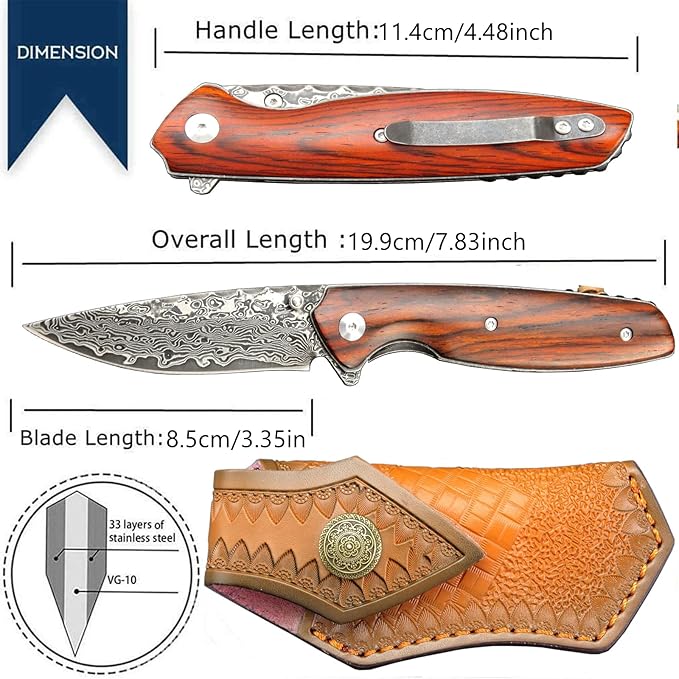Sitivien ST240 EDC Damascus Steel Folding Knife with Dalbergia HandleVG10 Core Blade Liner Lock and Belt ClipFishing Hiking Survival Knife
