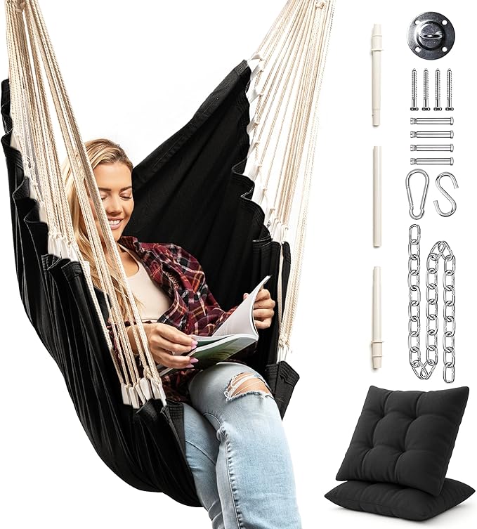 Hanging Hammock Chair Swing – Hanging Chair Outdoor &amp Indoor - Hammock Swing Chair – Quick &amp Easy Setup with Hardware Kit – Durable &amp Spacious Full Body Support with 2 Plush Cushions – Hol