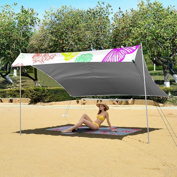 Beach Canopy with Windproof Ropes &amp Sandbags Beach Tent Sun Shade Sun Shelter for Camping Trips Fishing Backyard Fun or Picnics Butterflies