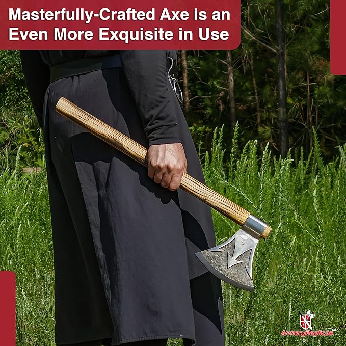 Armory Replicas™ Split Seas Outdoor Axe – 26 Handmade High Carbon Steel Axe with Sheesham Wood Handle – Trident Motif Functional Camping Tool or Decorative Display Piece