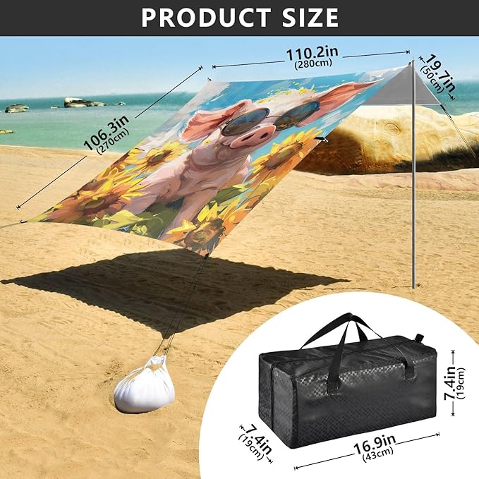ALAZA Cartoon Funny Pig Sunflower Summer Beach Tent Sun Shelter Portable Canopy Sunshade for Outdoor Camping Picnics Backyard Fun 10x9 ft