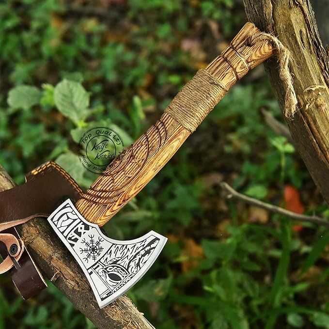 Hand-Forged Viking Axe Nordic Engraved Blade with Wooden Handle Unique Gift for Men Collectors Great Gift for Birthdays Holidays or Weddings (AXE-05)