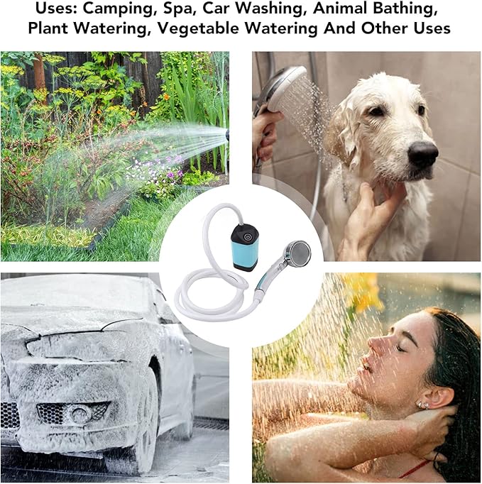 Portable Camping Shower Outdoor Camp Shower Pump 3 Speed Adjustable Electric Rechargeable Portable Outdoor Shower Head for Camping Hiking Traveling(Blue)
