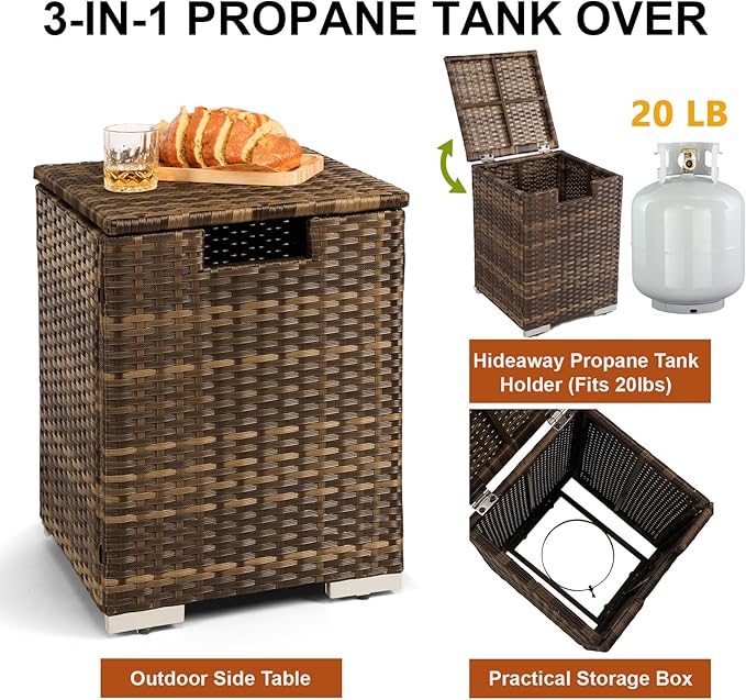 2-Piece Rattan Wicker Propane Fire Pit Table w/Tank Holder Handmade 32-inch Gas Fire Pits for Outside Patio Ceramic Tabletop with Steel Lid Lava Rocks 40000 BTU Rectangle (Brown)
