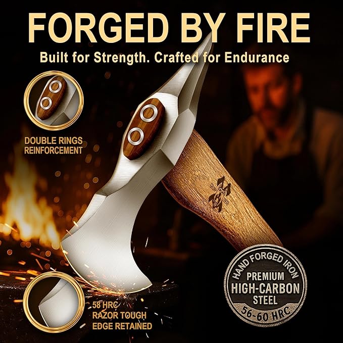 Grumpy Bear 15 Survival Axe Camping Hatchet – Forged High Carbon Steel Blade with Walnut Wood Handle – Anti-Slip Grip – Ideal for Bushcraft Wood Splitting &amp Outdoor Adventures Silver Wood