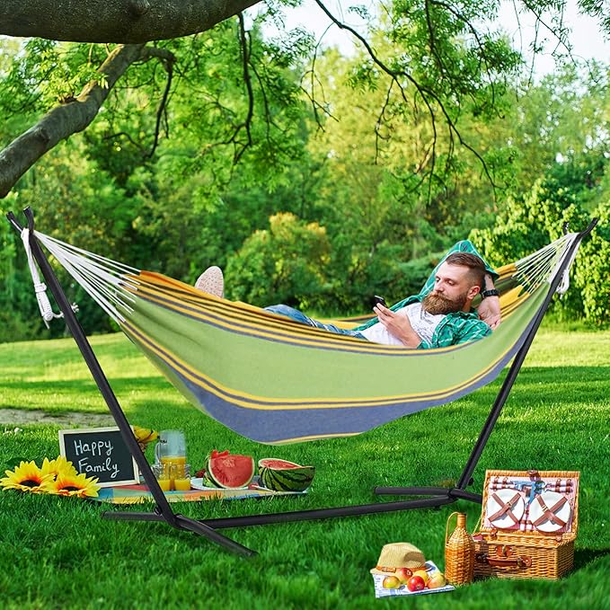 Double Hammock with 10FT Space Saving Steel StandHeavy Duty Stand Includes Portable Carrying Case550lbs Capacity