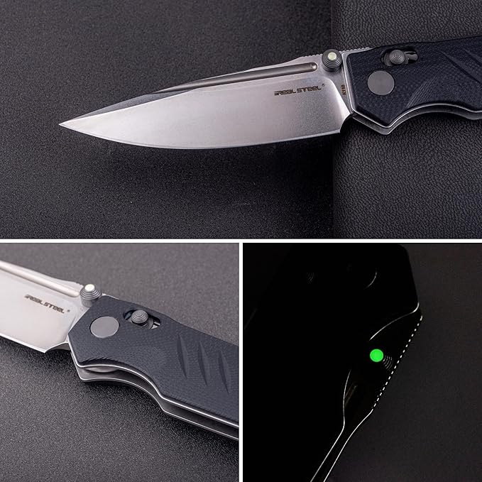 REALSTEEL SACRA Pro Pocket KnifeFolding KnifeCrossbar Lock3.31 Böhler K110 Steel BladeGlow-in-the-dark Thumb Stud Nail NickG10 Handle2.75ozClipEDC Outdoor IndoorGifts for Men Women Camping H