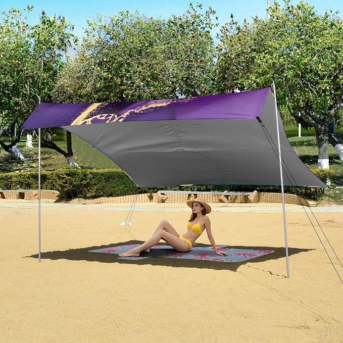 Beach Canopy with Windproof Ropes &amp Sandbags Beach Tent Sun Shade Sun Shelter for Camping Trips Fishing Backyard Fun or Picnics Purple Texture