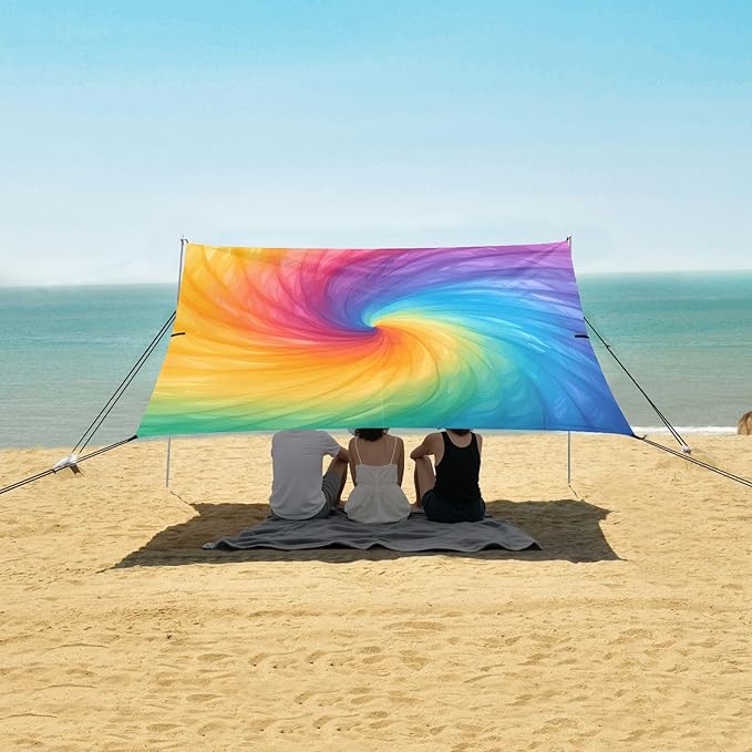 Darkorchid Tie Dye Background Rainbow Colors Tie-dye Pattern Foldable Beach Canopy UPF50+ Easy Setup Portable Sun Shelter with Sturdy Poles Sandbags and Shovel for Camping Trips Fishing
