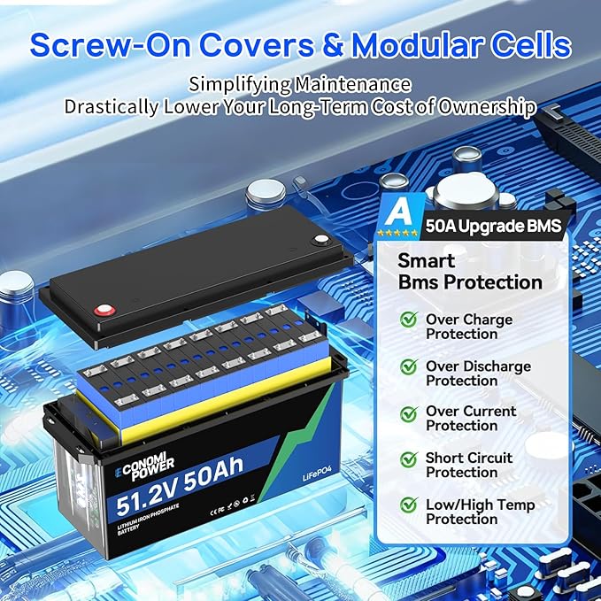48V 50 Ah LiFePO4 Lithium Battery with Bluetooth &amp Built-In 50 A BMS A-Grade Cells 10 Years Lifespan Perfect for Solar Motorhomes Trolling Motors