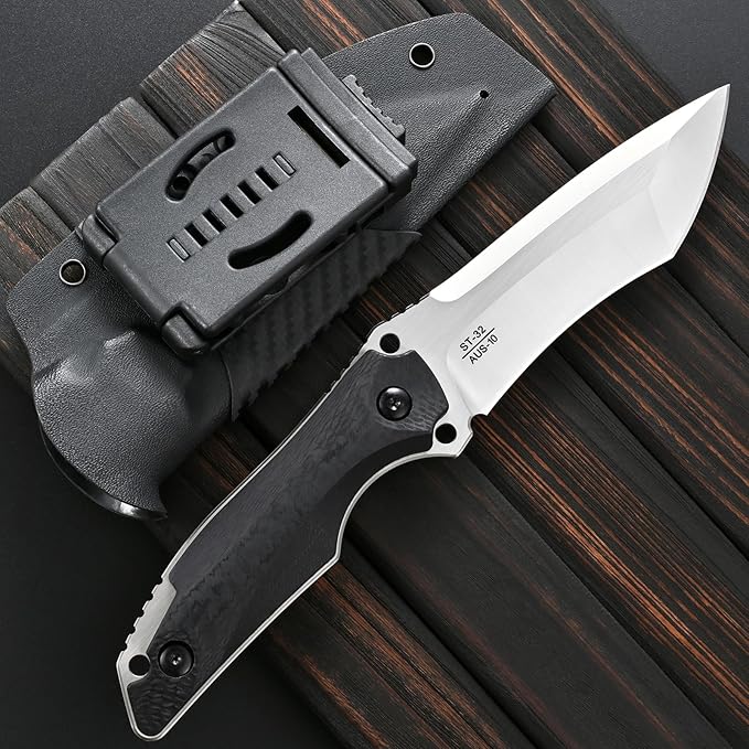 Sitivien ST32 Fixed Blade Knife AUS-10 Steel Ergonomic Carbon Fiber Handle Full Tang Knife for Outdoor Working Camping Hunting Fishing(Silver)