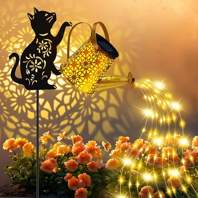 Solar Lights Outdoor Decorative Watering Can with Cascading Lights with Cat Silhouette Garden Stakes Waterproof Metal Garden Decor for Yard Art Outside Patio Lawn 2PACK