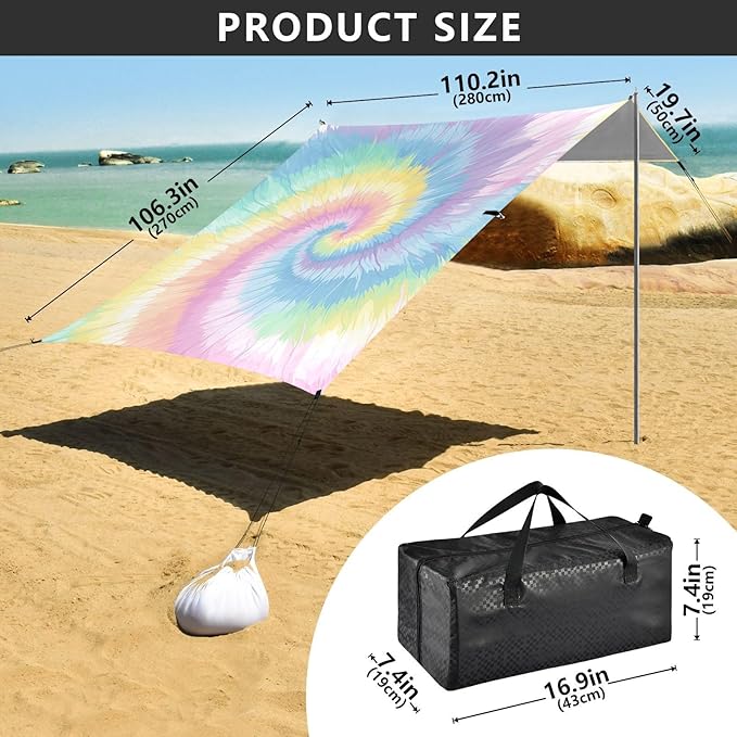 Aliceblue Tie-dye Background Rainbow Colors Beach Canopy UPF50+ Protection Waterproof Portable Sun Shelter with Sand Shovel Sandbags for Camping Picnics Backyard &amp Fishing