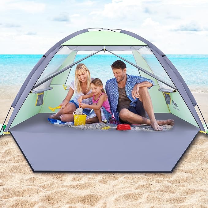 Happy Travel Beach Tent Sun Shelter for 3/4/5/6/7/8 Person Portable UPF 50+ UV Protection Beach Shade Canopy for Family &amp Baby Lightweight &amp Easy Setup Beach Cabana with 3 Ventilation Mesh W