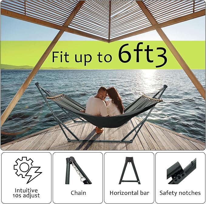Tranquillo Universal Hammock with Stands Electro Static Coated Steel Adjustable Foldable Hammock Stand with 2 Layered Polyester Net and Carry Bag for 2 Persons (Canvas - Grey)