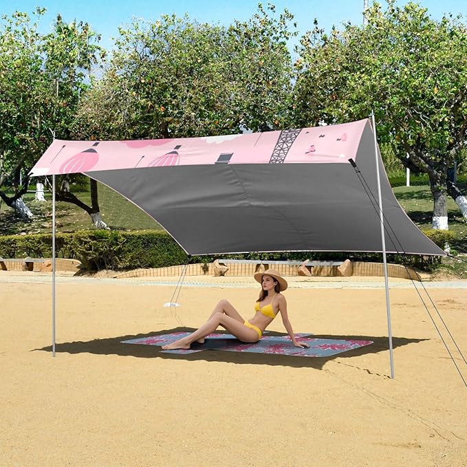 ALAZA Paris Eiffel Tower Hot Air Balloon Pink Beach Tent Sun Shelter Portable Canopy Sunshade for Outdoor Camping Picnics Backyard Fun 10x9 ft
