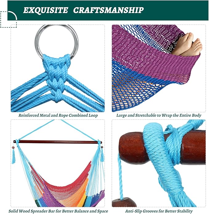 Caribbean Hammock Swing Chair with Spreader Bar Large Hammock Chair Hand Craft Rope Hanging Chair Outdoor Indoor Bedroom 330 LBS Weight Capacity Rainbow