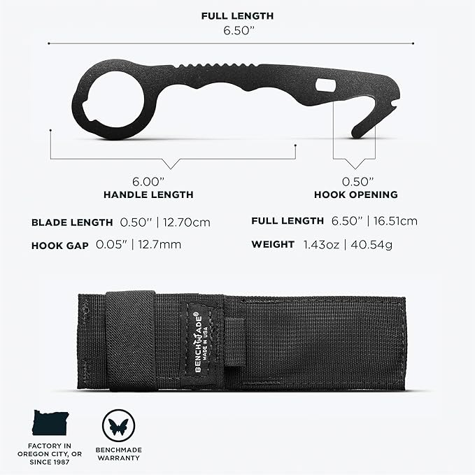 Benchmade - Hook Safety Cutter and O2 Wrench for Rescue and Tactical Use with Black 440C Handle (8 BLKWMED)