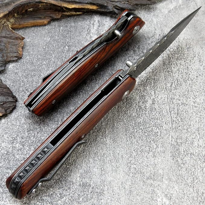 Sitivien ST240 EDC Damascus Steel Folding Knife with Dalbergia HandleVG10 Core Blade Liner Lock and Belt ClipFishing Hiking Survival Knife