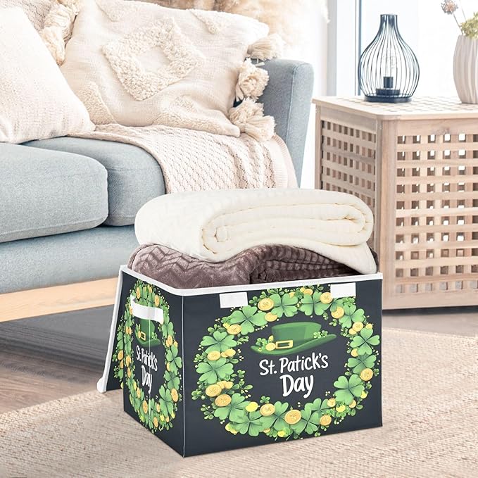 Doodle St. Patrick's Day Pattern Foldable Storage Baskets Fabric Boxes with Handle Organizers with Flip-Top Lids Storage Bins for Home Bedroom Office