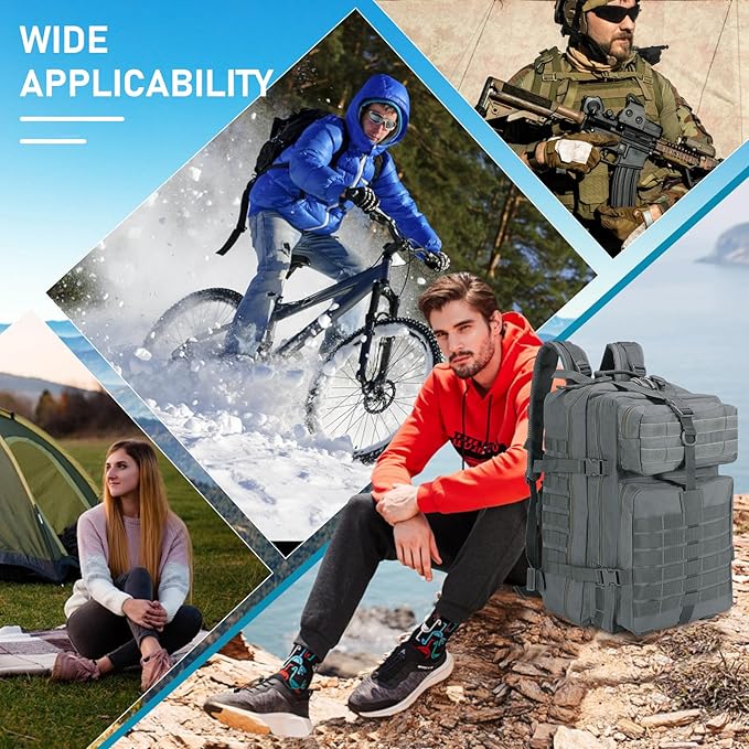 ShowyLive 3P Tactical Backpack Military Rucksack - 45L Large Hiking Backpack Waterproof Durable Camping Backpack for Men Women Travel Outdoor Sports Bug Out Bag (Grey)