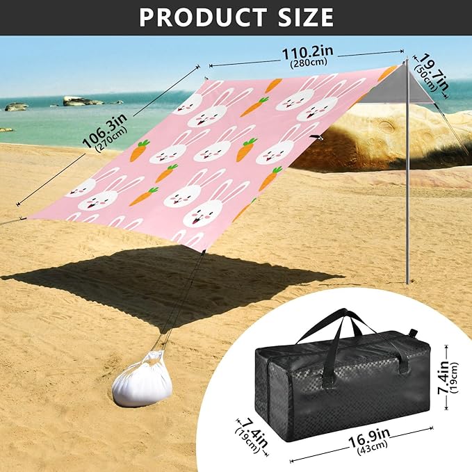 Beach Canopy with Windproof Ropes &amp Sandbags Beach Tent Sun Shade Sun Shelter for Camping Trips Fishing Backyard Fun or Picnics Bunny