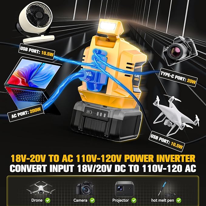 Ecarke 200W Portable Power Inverter Compatible with DeWALT 20V Battery DC 18V to AC 110V Power Station with 1 AC Outlet 2 USB 1 Type-C &amp LED Light for Outdoor Emergency Use (No Battery)(2-Pack
