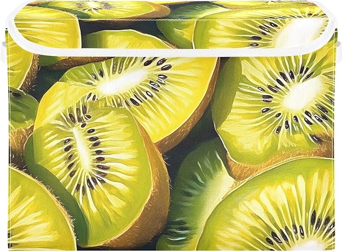 Vintage Kiwi Fruits Storage Cube Bins Basket with Lid Collapsible Flip-top Fabric with Handle for Home Bedroom Closet Office 16.5×12.6×11.8 in
