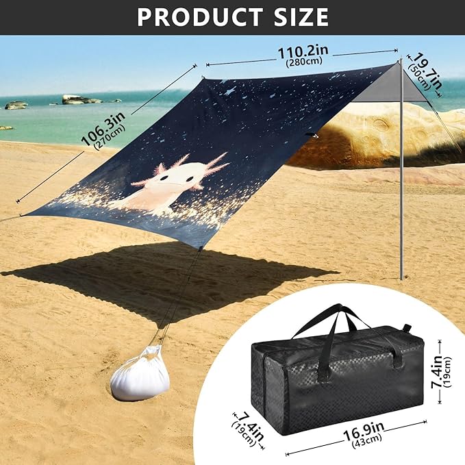ALAZA Cute Axolotl Stars Beach Tent Sun Shelter UPF50+ Protection Beach Shade Canopy w/ 4 Sandbags for Outdoor Camping Fishing Backyard Fun Picnic 10x9 ft