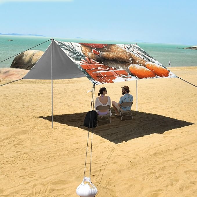 ALAZA Christmas Squirrel Beach Tent Sun Shelter UPF50+ Protection Beach Shade Canopy w/ 4 Sandbags for Outdoor Camping Fishing Backyard Fun Picnic 10x9 ft