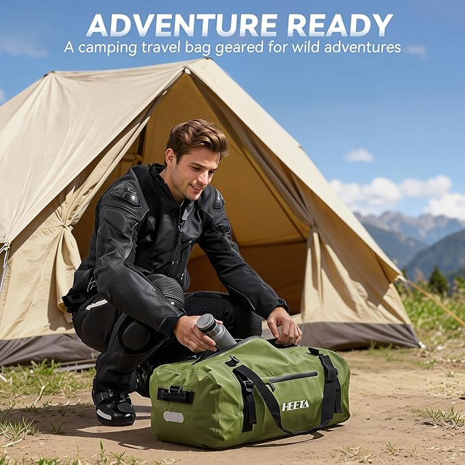 HEETA Waterproof Motorcycle Dry Bag Waterproof Duffel Luggage Travel Bags with Zippered Closure &amp Pocket Shoulder Straps Large Space for Motorcycling Camping Commuting Boating (Green 50L)