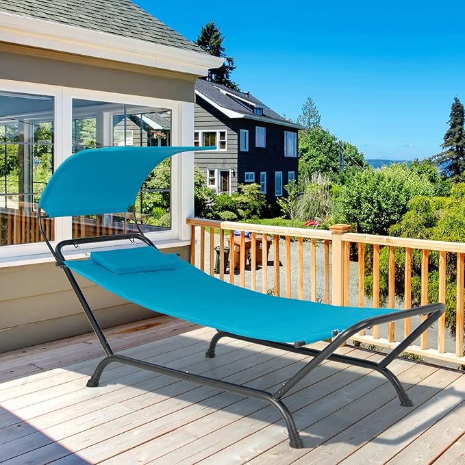 Giantex Hanging Hammock with Stand Patio Hanging Chaise Lounge Chair w/Canopy Cushion Pillow &amp Storage Bag Heavy Duty Swing Hammock Bed for Garden Lawn Backyard Patio Poolside Porch (Blue)