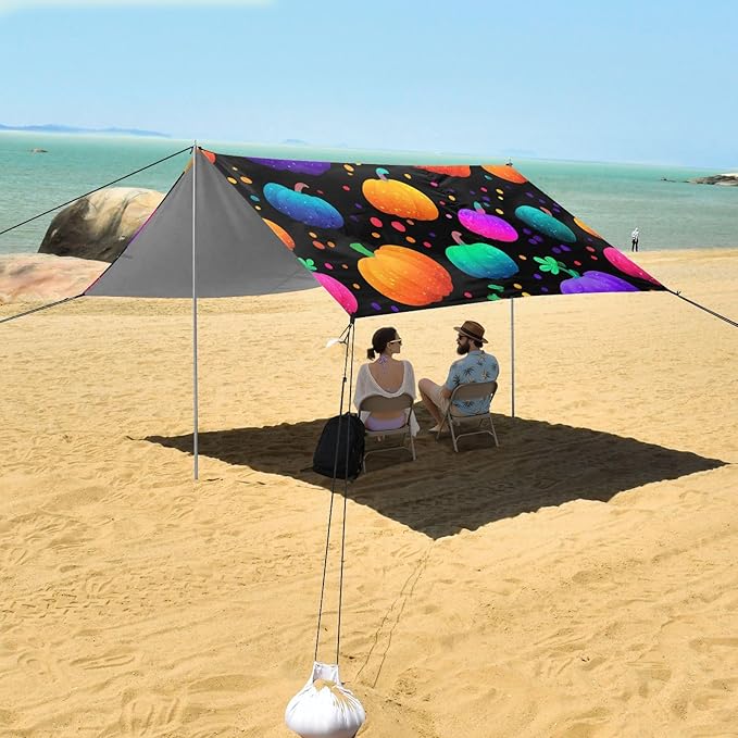 ALAZA Colorful Pumpkins Polka Dots Pattern Beach Tent Sun Shelter UPF50+ Protection Beach Shade Canopy w/ 4 Sandbags for Outdoor Camping Fishing Backyard Fun Picnic 10x9 ft