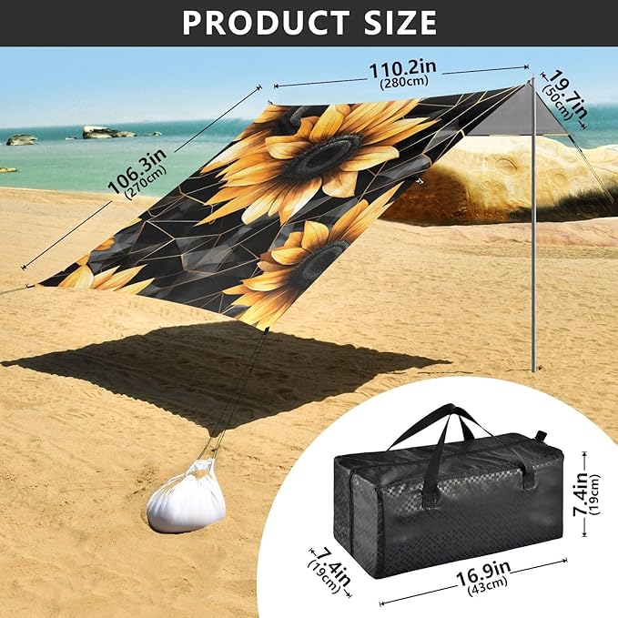 ALAZA Golden Polygonal Shape Watercolor Sunflower on Black Beach Tent Sun Shelter Portable Canopy Sunshade for Outdoor Camping Picnics Backyard Fun 10x9 ft