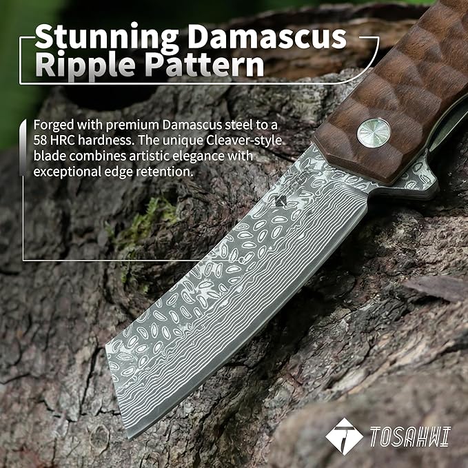 Pocket Knife Damascus Steel 3.54 Tanto Blade Folding Knife for Rosewood Handle with Clip for Men Women for EDC Camping Gift