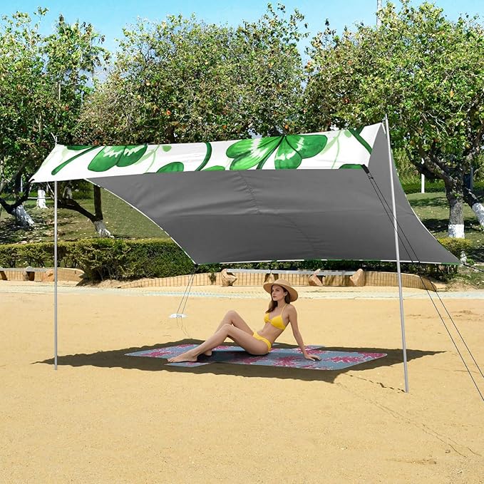 Beach Canopy with Windproof Ropes &amp Sandbags Beach Tent Sun Shade Sun Shelter for Camping Trips Fishing Backyard Fun or Picnics St. Patrick's Day Clover