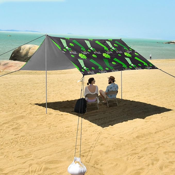 Beach Canopy with Windproof Ropes &amp Sandbags Beach Tent Sun Shade Sun Shelter for Camping Trips Fishing Backyard Fun or Picnics St. Patrick's Day