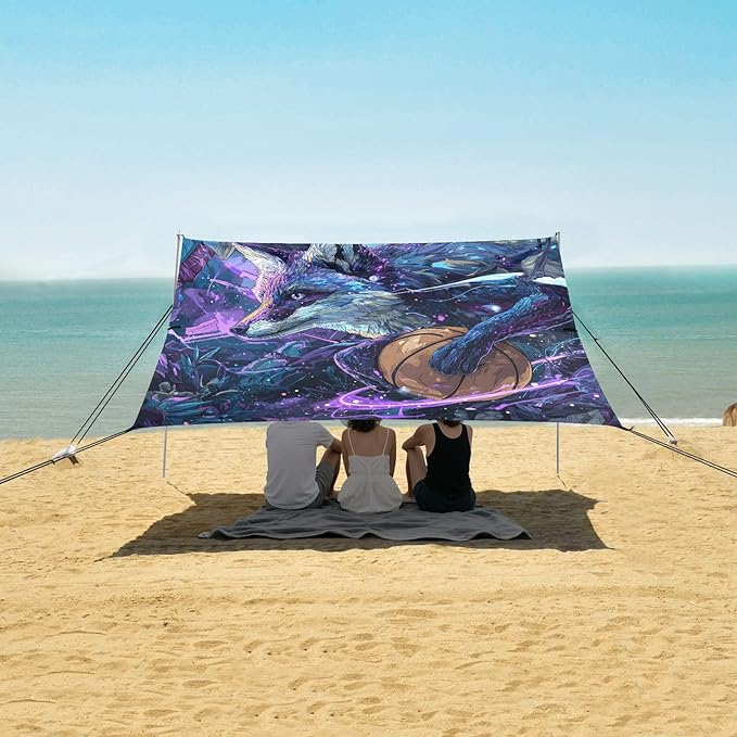 ALAZA Mystical Fox Basketball Beach Tent Sun Shelter UPF50+ Protection Beach Shade Canopy w/ 4 Sandbags for Outdoor Camping Fishing Backyard Fun Picnic 10x9 ft