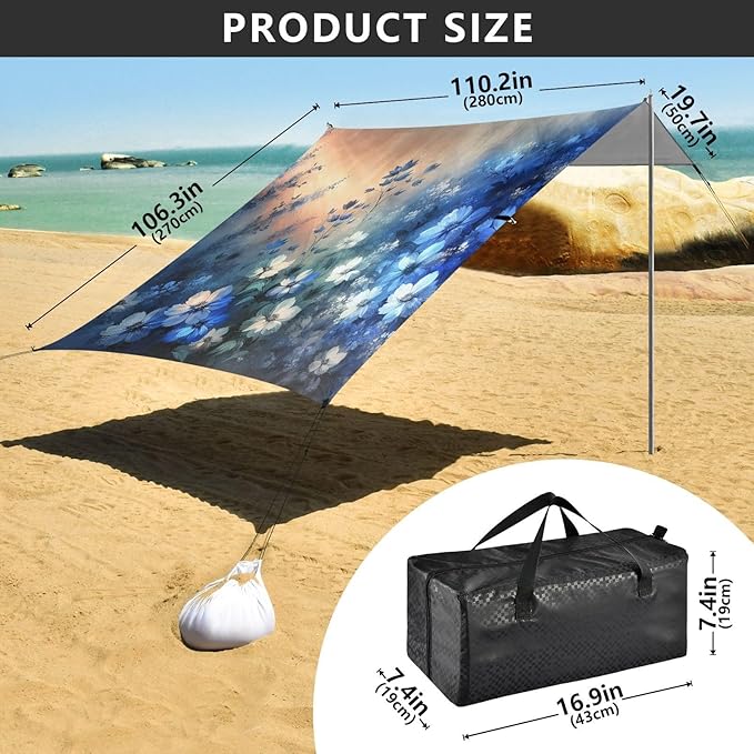 Abstract Blue Flowers Beach Tent Sun Shelter Set UPF50+ UV Protection 10.5 x 9.19 FT Camping Shade Canopy with Sandbags Sand Anchors Carrying Bag and Others